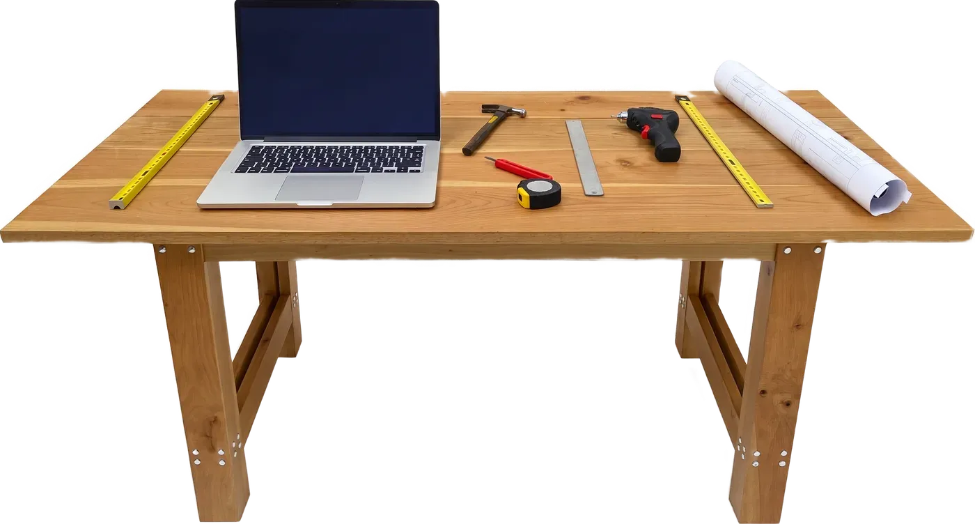 Работна пейка с лаптоп, инструменти и план — работата от примерната сделка